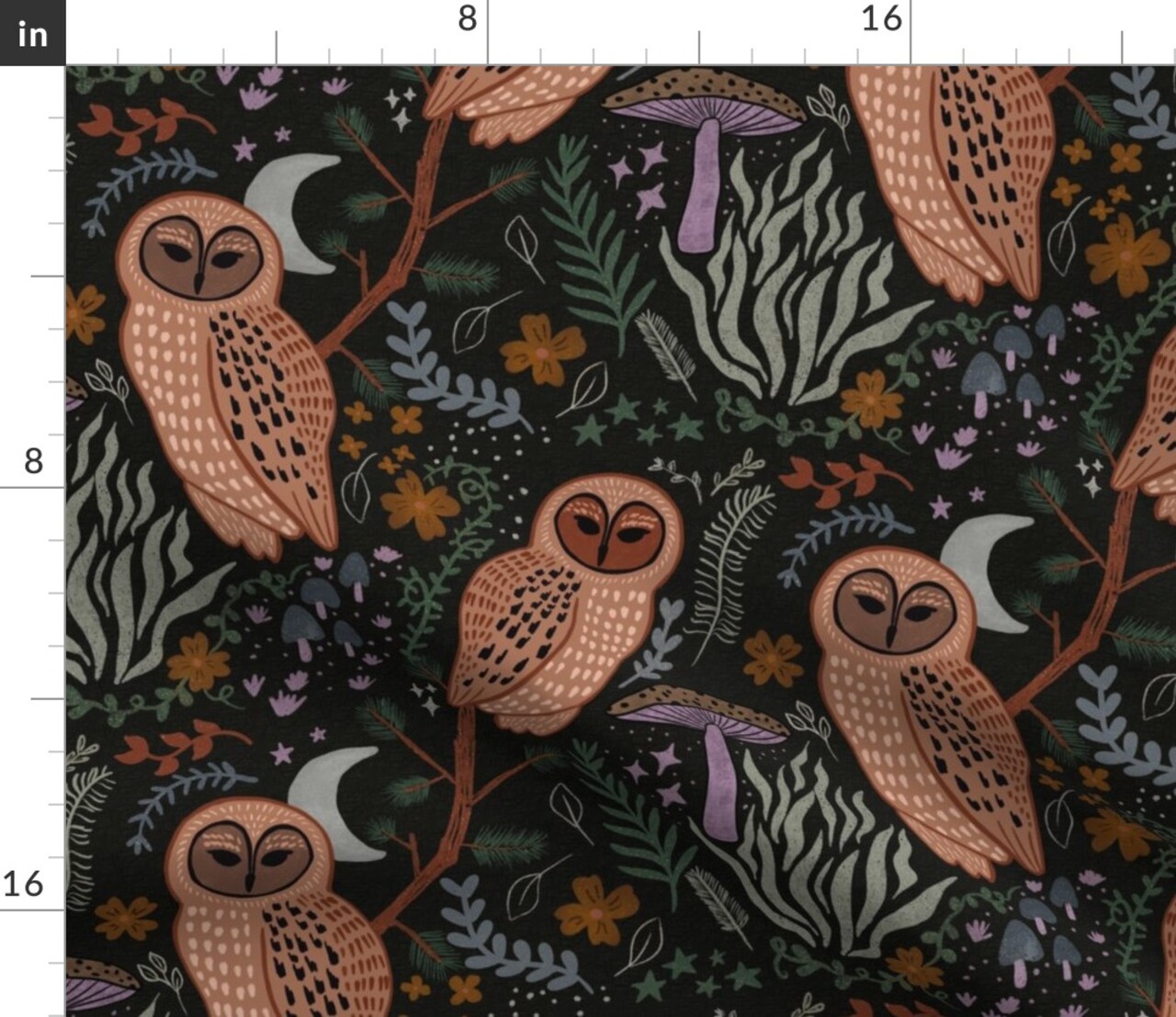 Moody Whimsical Gothic Owls Mushrooms Woodland Creatures Mystical Witchy Dark Academia Whimsigoth Moon Night Sky Witches Large Scale Custom Printed Fabric by Spoonflower Various Fabrics by the Yard or Fat Quarter